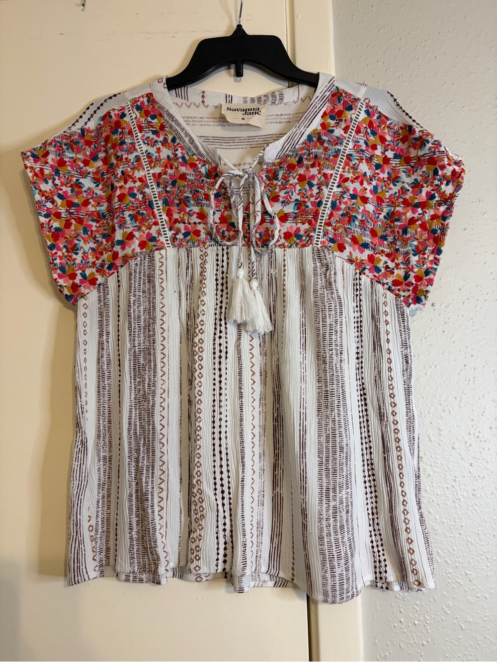 Savanna Jane Womens Top Katie Embroidered Multicolor Short Sleeve Boho